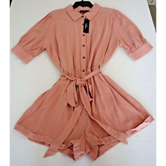 Lulus Women's Sz XL Blush Pink Adventure Ready Puff Sleeve Button-Up Romper - Picture 6 of 7
